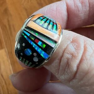 Colorful, Multi-Gemstone, Sterling Silver Inlay Statement Ring